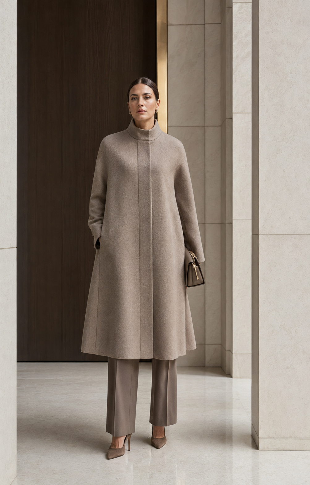 Architectural taupe cape-coat hybrid
