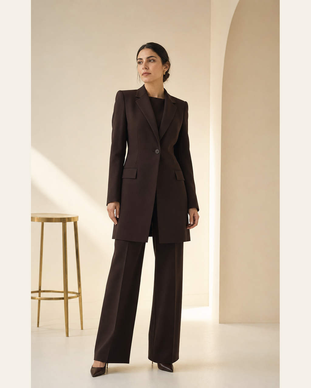 Hayyaté Longline Blazer in espresso wool crepe